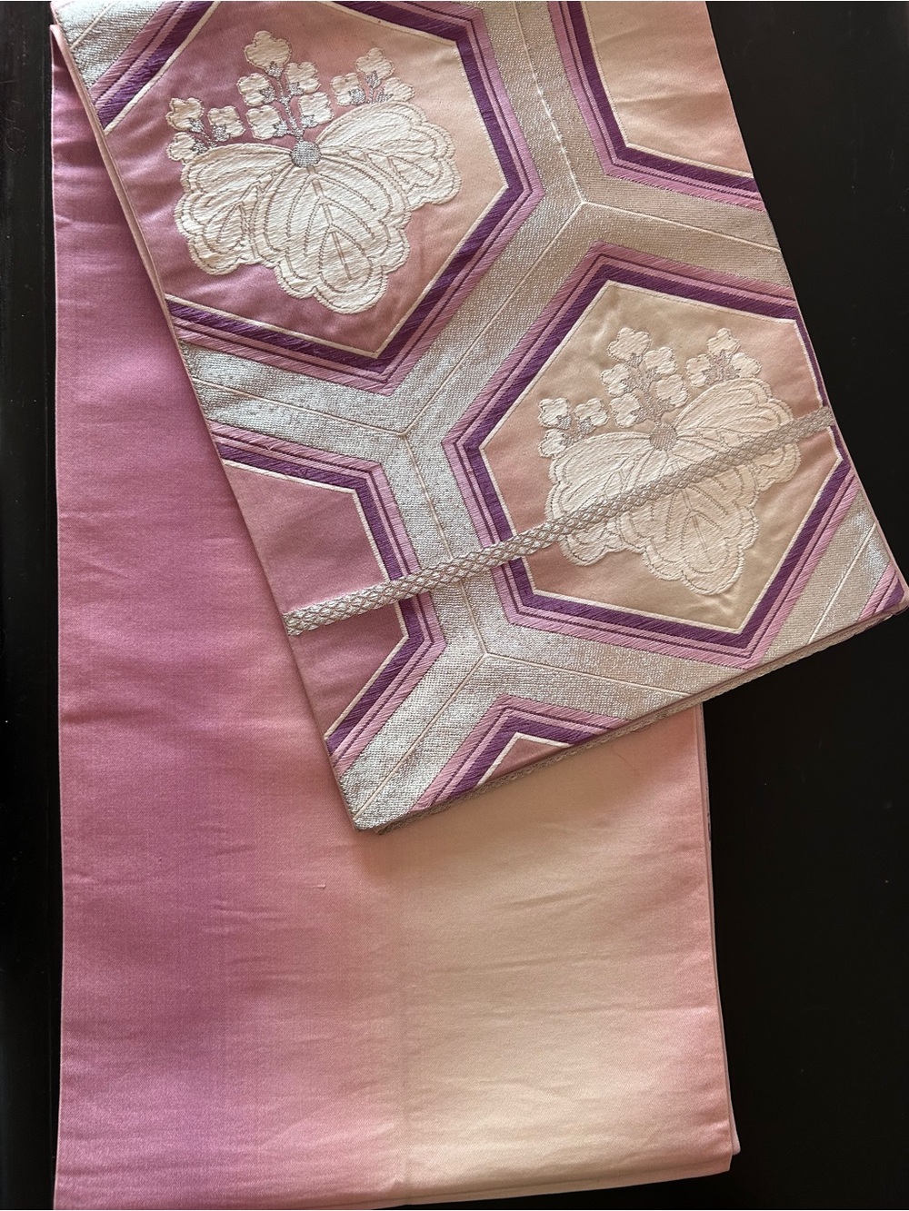 Vintage Silk Brocade Obi, Stunning in Purple Hues & Metallic Silver Threads - Picture 2 of 3